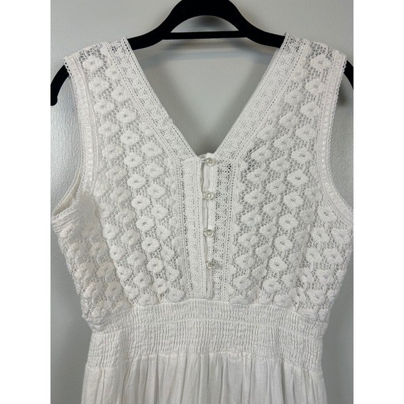 Nation AK Boho Crochet Lace Maxi Dress Medium Beach Wedding White Smocked Resort - Picture 2 of 9